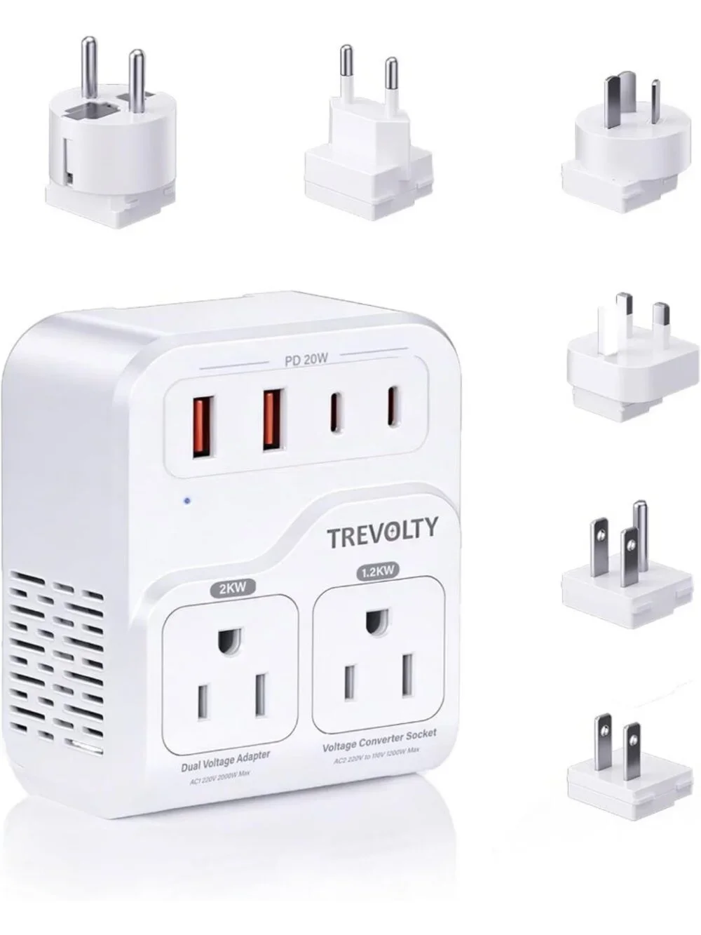2000W Voltage Converter for European Travel, 7-in-1 Adapter with 3 AC/2 USB